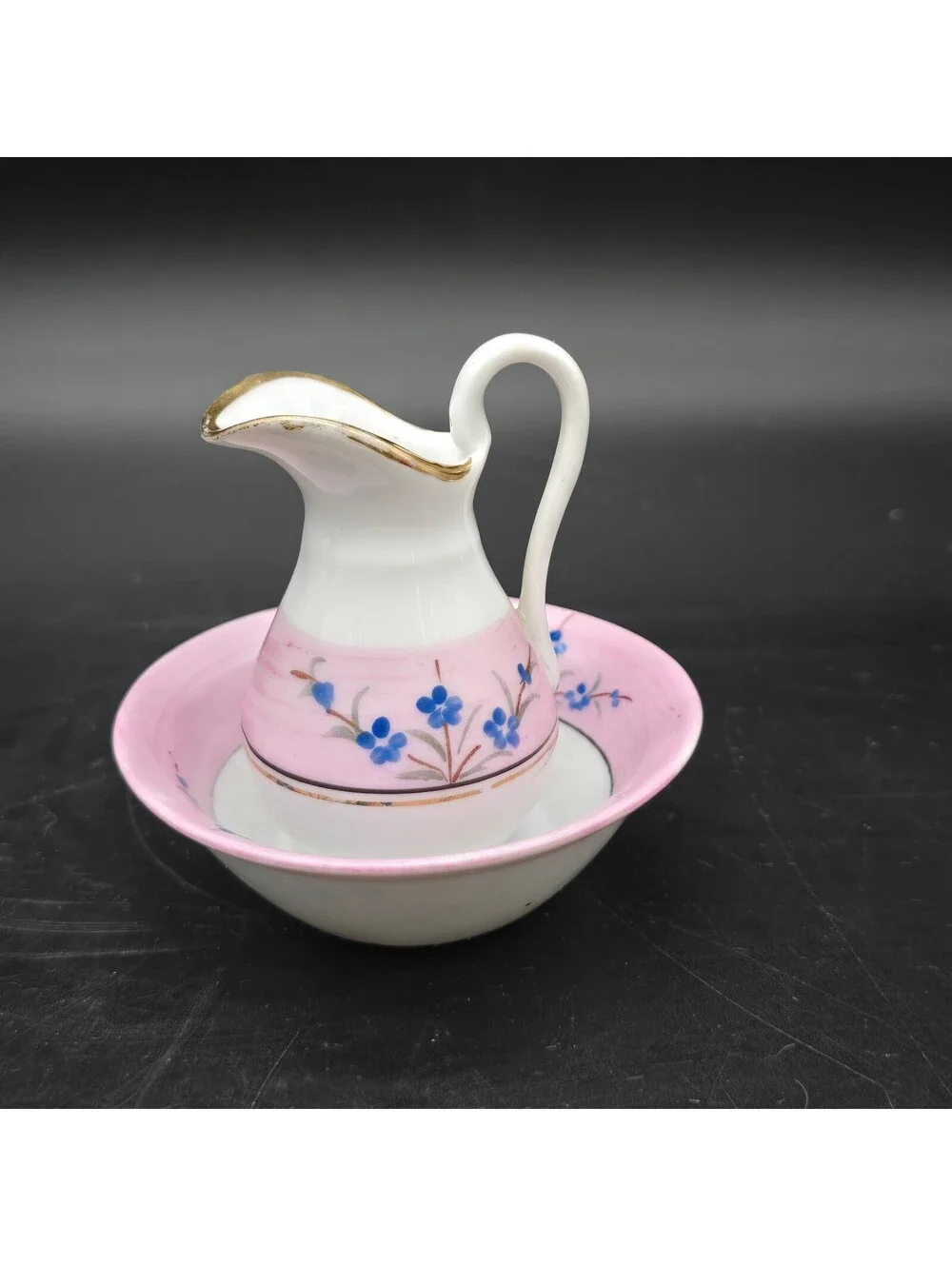 Vintage Miniature Porcelain Pitcher and Wash Basin Pink Blue Floral Gold Trim